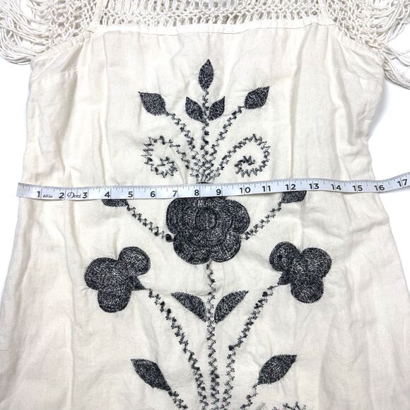 Free People Cotton Linen Embroidered Crochet Fringe Hippy Boho Dress, Sz. 8 - Picture 10 of 13